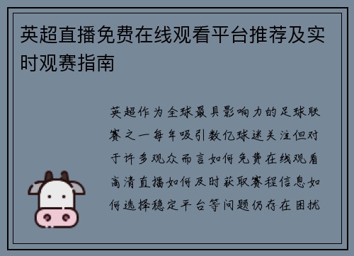 英超直播免费在线观看平台推荐及实时观赛指南