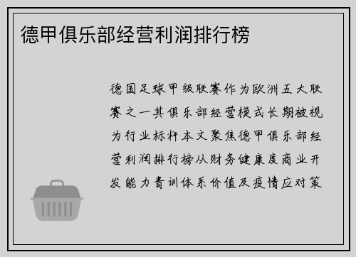 德甲俱乐部经营利润排行榜